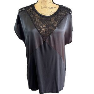 RELISH Women's Black Lace V-Panel Round Neck Short Sleeve Blouse Top Sz L